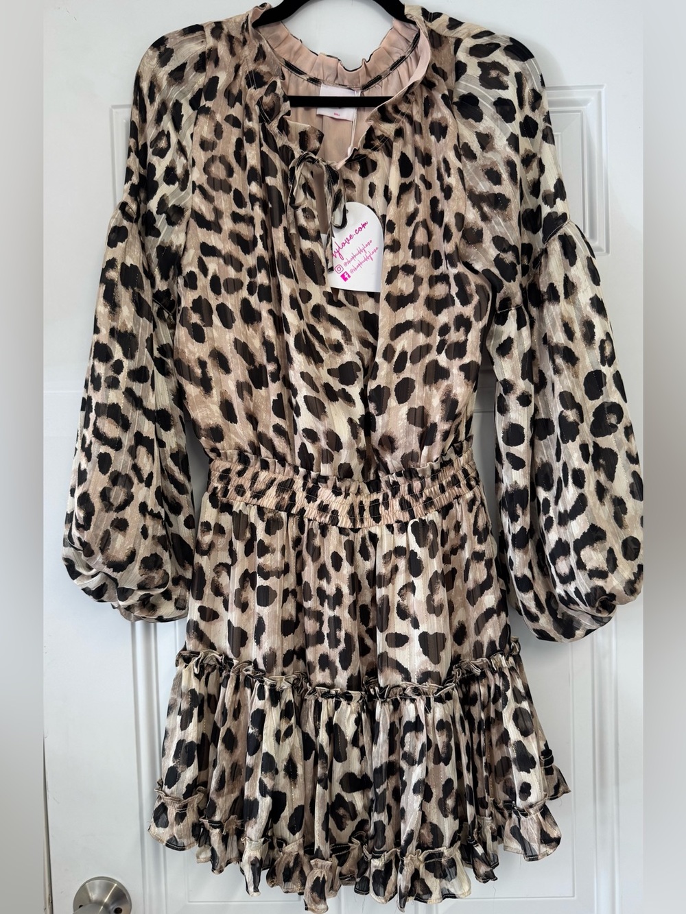 Buddy Love Zoro Dress Oreo Leopard Babydoll Mini Tie-Neck Puff Sleeve NWT
